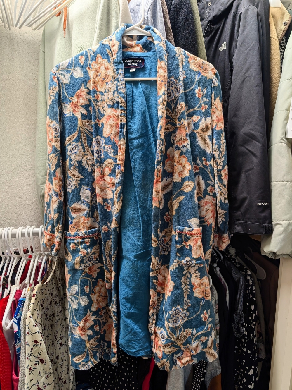 Johnny Was Teal Blue Floral Linen Jacket Cardigan Size XS Fits Like M